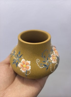 满意紫砂全手工制作精品黄金段泥小号泥绘水缸10×6.5×5现货一个