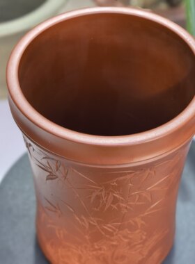 满意紫砂全手工制作精品朱泥大红袍刻绘高筒花盆口15高24现货一个
