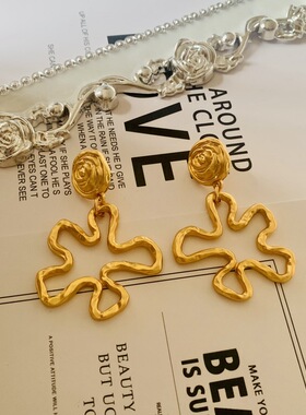 中古素金玫瑰花朵耳饰厚金重工轻奢高级耳夹保色925银针耳钉