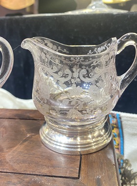 新品 蚀刻花卉纯银底座糖罐奶壶