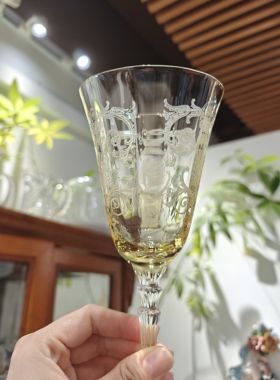新品可拍 Fostoria凡尔赛系列黄色蚀刻水晶杯