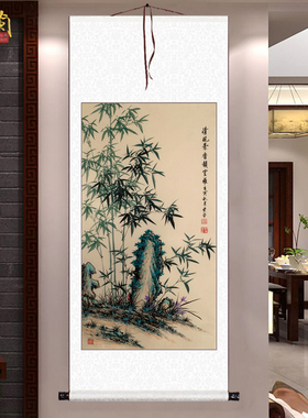 名家手绘竹子玄关装饰画水墨红竹