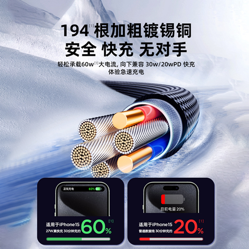 机乐堂适用苹果15充电线iPhone15ProMax数据线器14手机TypeC快充USBC双头ctoc车载PD60w冲Pad平板carplay专用 - 图1