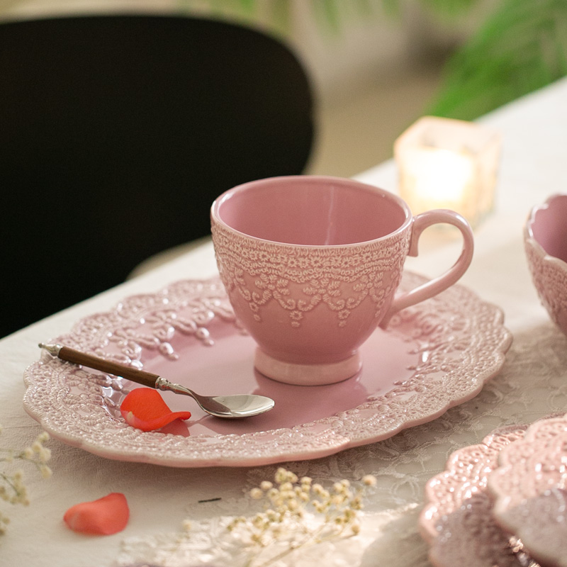 法式 蕾丝粉色复古陶瓷餐具 饭碗菜盘牛排意面餐盘汤碗沙拉碗宫廷