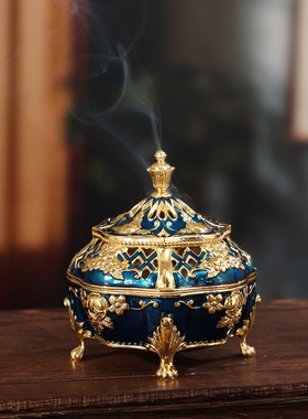 欧式复古金属雕花带盖盘塔香炉
