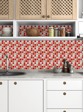 红色马赛克地板墙面楼梯瓷砖贴厨卫家居装饰翻新自粘可移除墙贴纸