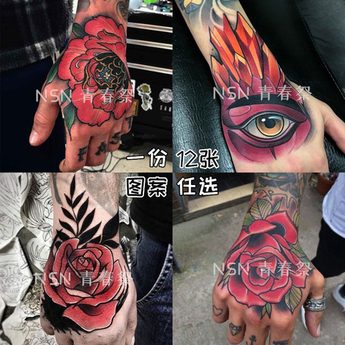 手背纹身贴防水持久男女 潮仿真刺青 欧美黑暗韩国ins风纹身贴纸 - 图0