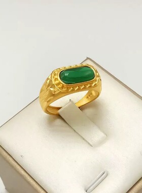 沙金饰品长条绿玉髓锆石戒指仿黄金开口指环情侣对戒宝石戒指