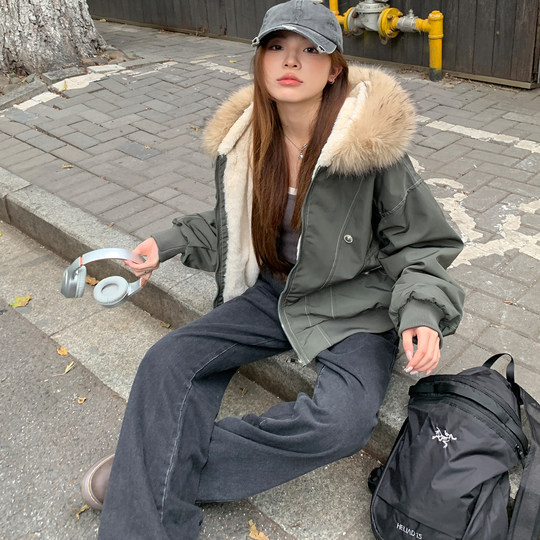 2025复古座山雕可拆卸毛领棉服女冬季派克服宽松加厚短款工装外套