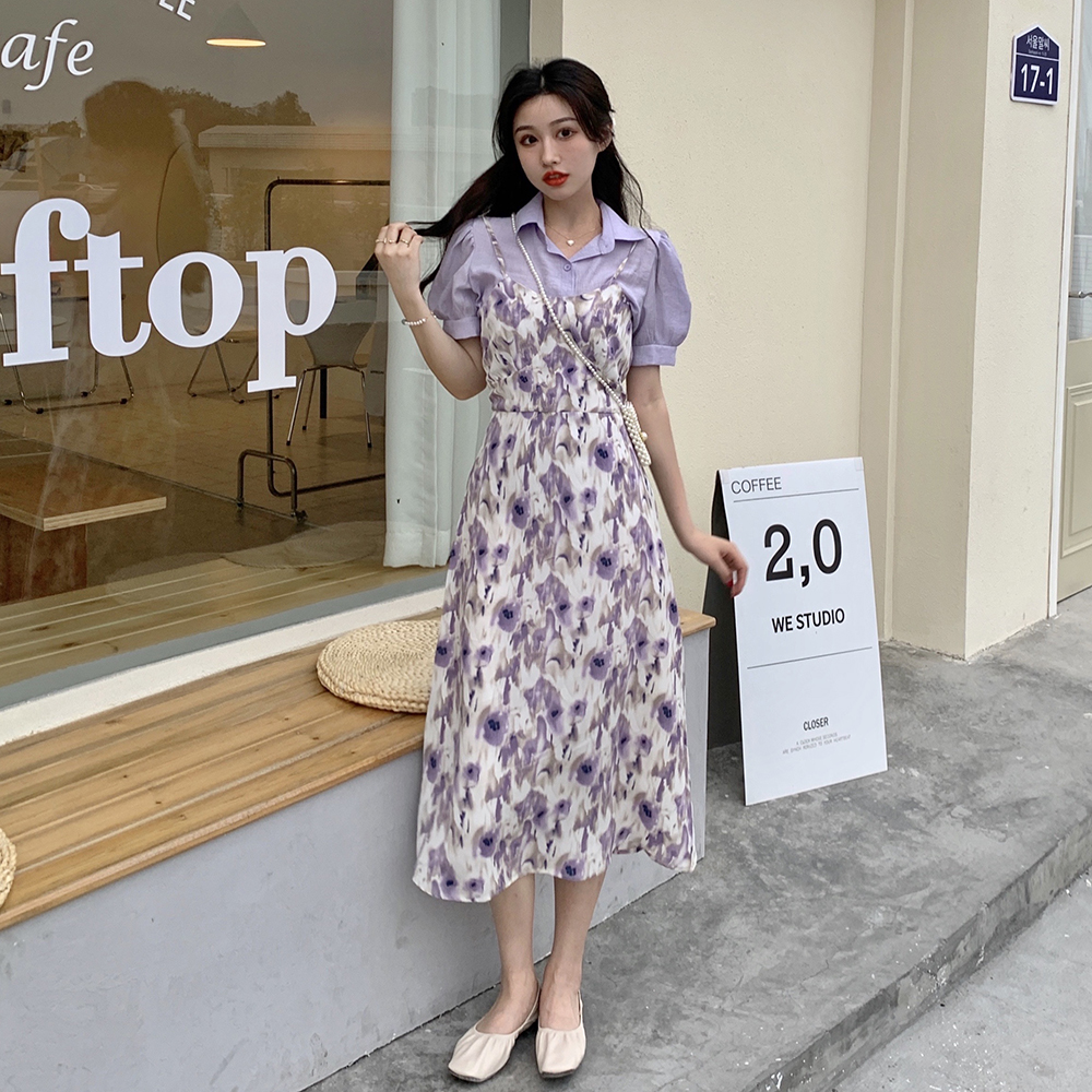 21夏季新款修身显瘦甜美feel碎花吊带裙短袖衬衫时尚套装公主裙