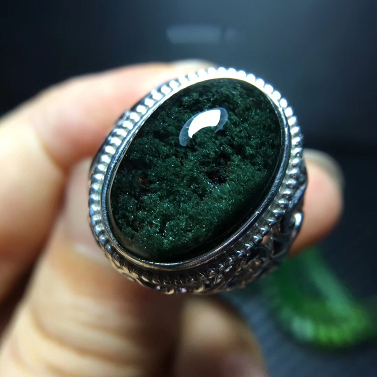 天然绿幽灵聚宝盆戒指S925纯银黑银钛发晶钛晶花云母片异象水晶-图0