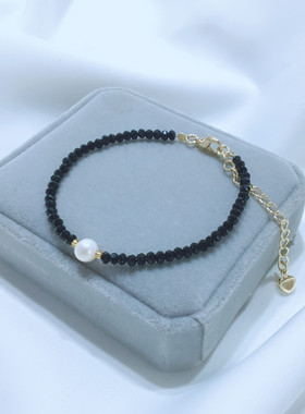 天然黑尖晶手链搭配女黑色单圈
