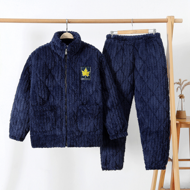睡衣男冬加厚保暖拉链三层夹棉珊瑚绒大码外穿家居服套装立领纯色,淘宝优惠券,粉丝福利购,淘宝优惠卷