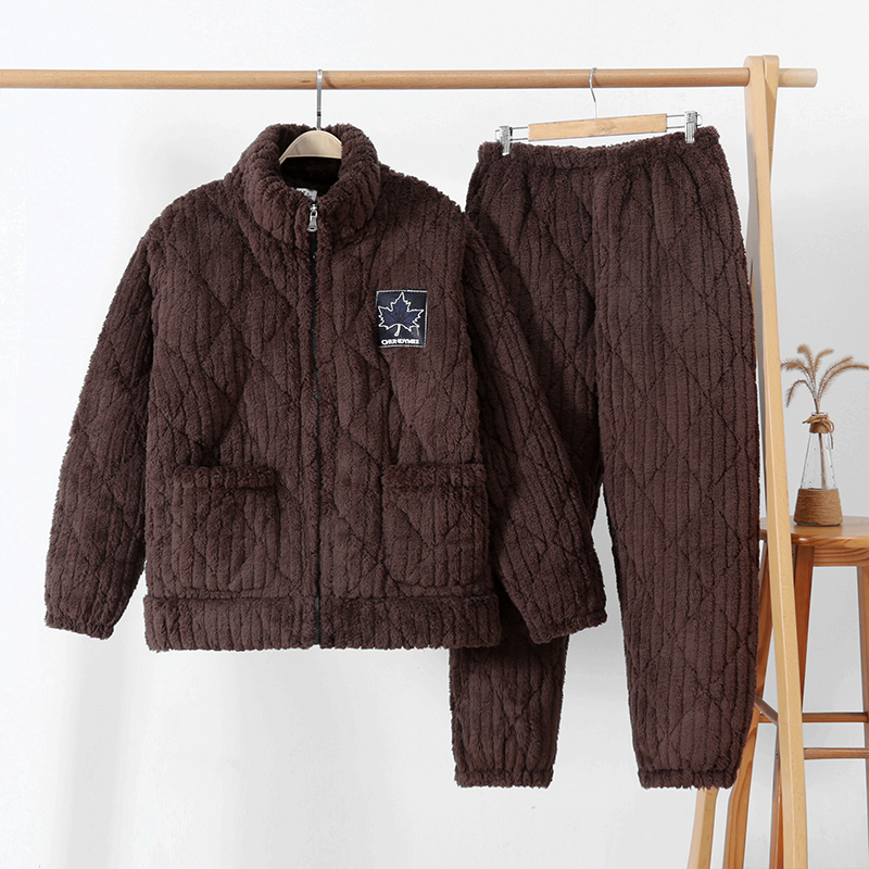 睡衣男冬加厚保暖拉链三层夹棉珊瑚绒大码外穿家居服套装立领纯色,淘宝优惠券,粉丝福利购,淘宝优惠卷