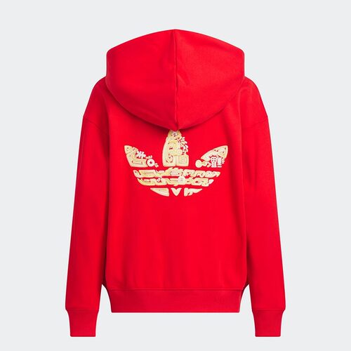 Adidas阿迪达斯三叶草大童卫衣秋冬新款红色中国风连帽休闲套头衫 - 图2