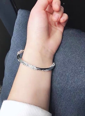 9999纯银手镯女复古时尚花枝圆棍实心开口亮面足银镯子简约年轻款
