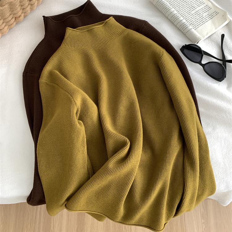 气质显白半高领卷边坑条毛衣女25秋冬宽松保暖基础百搭套头针织衫 - 图2