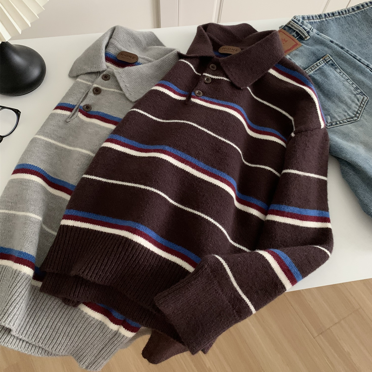 慵懒韩版撞色条纹翻领针织衫女秋冬保暖纽扣门襟套头软糯毛衣外套 - 图2