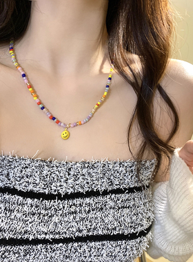 个性彩色串珠笑脸项链女