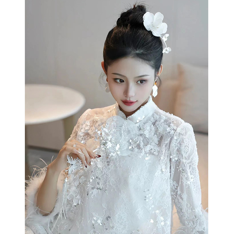 订婚礼服新中式领证登记连衣裙敬酒服2025新款新娘套装白色旗袍女 - 图0