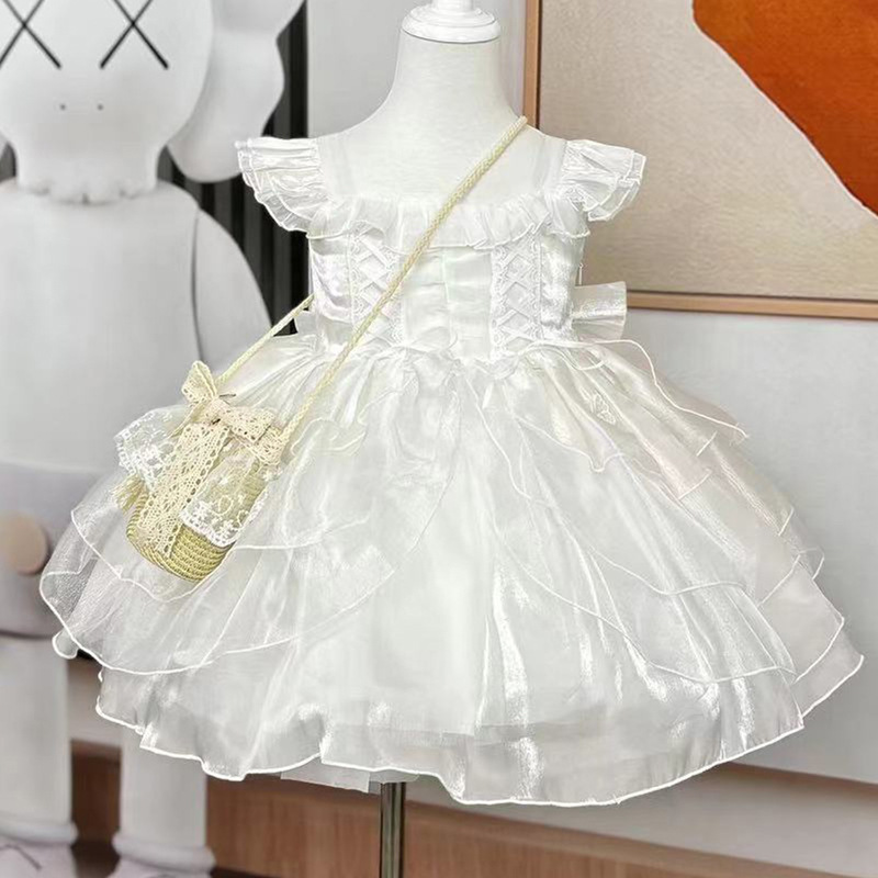 儿童礼服白色蓬蓬公主连衣裙花嫁女宝宝生日宴花童婚纱表演 - 图1