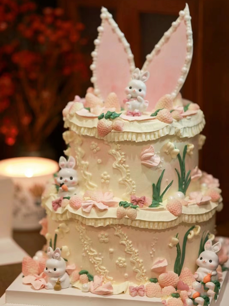 可爱兔宝宝生日蛋糕装饰摆件满月百天男孩女孩小兔子甜品台插件