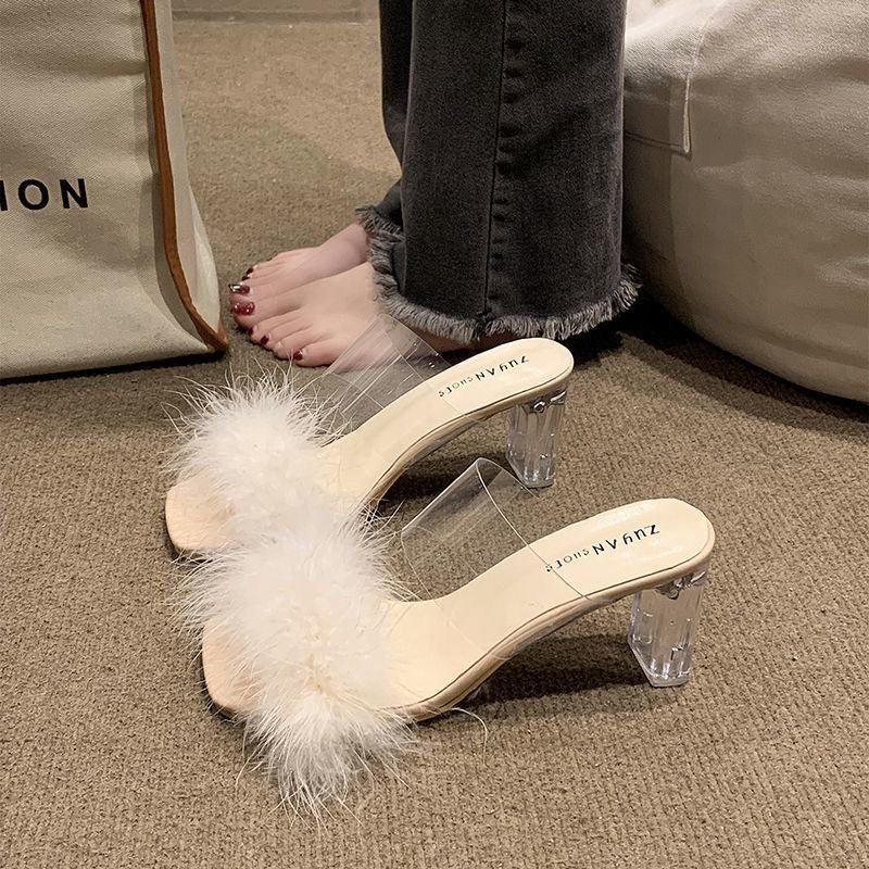 法式粗跟高跟鞋仙女风凉拖夏季气质凉鞋设计小众毛毛外穿透明拖鞋,淘宝优惠券,粉丝福利购,淘宝优惠卷