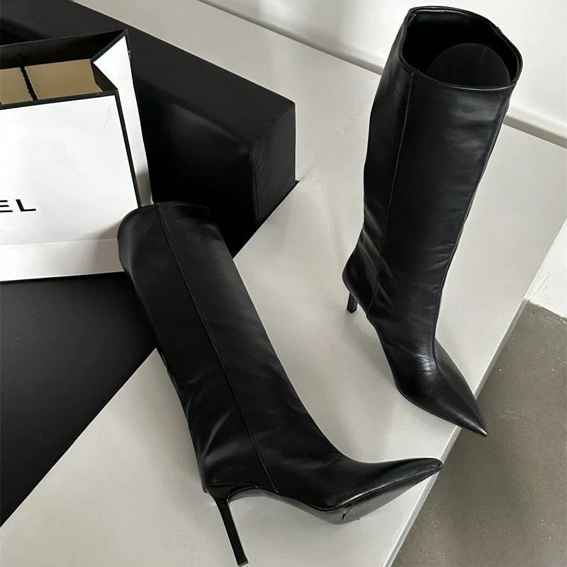 宽筒大筒围黑色堆堆靴女2025年春秋新款尖头高跟长靴细跟高筒靴子 - 图2