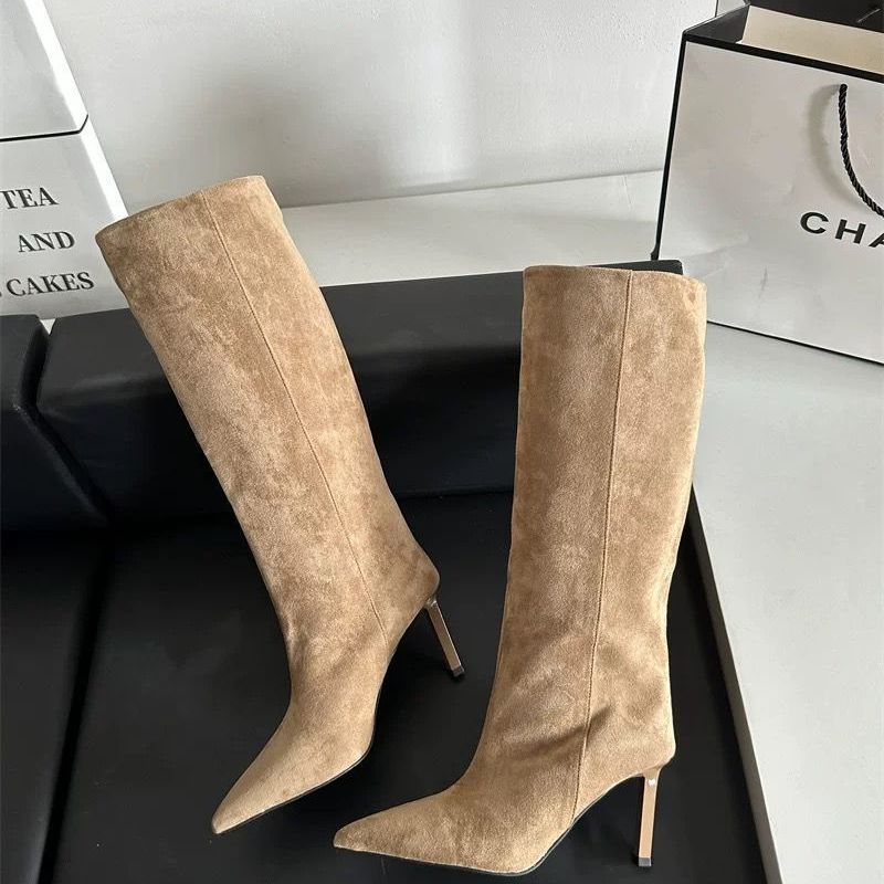 宽筒大筒围黑色堆堆靴女2025年春秋新款尖头高跟长靴细跟高筒靴子 - 图3