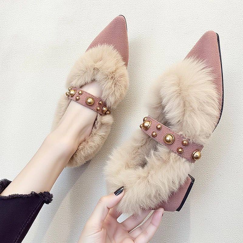 小香风尖头毛毛鞋粗跟高跟鞋女2025新款秋季浅口单鞋一字带妈妈鞋,淘宝优惠券,粉丝福利购,淘宝优惠卷