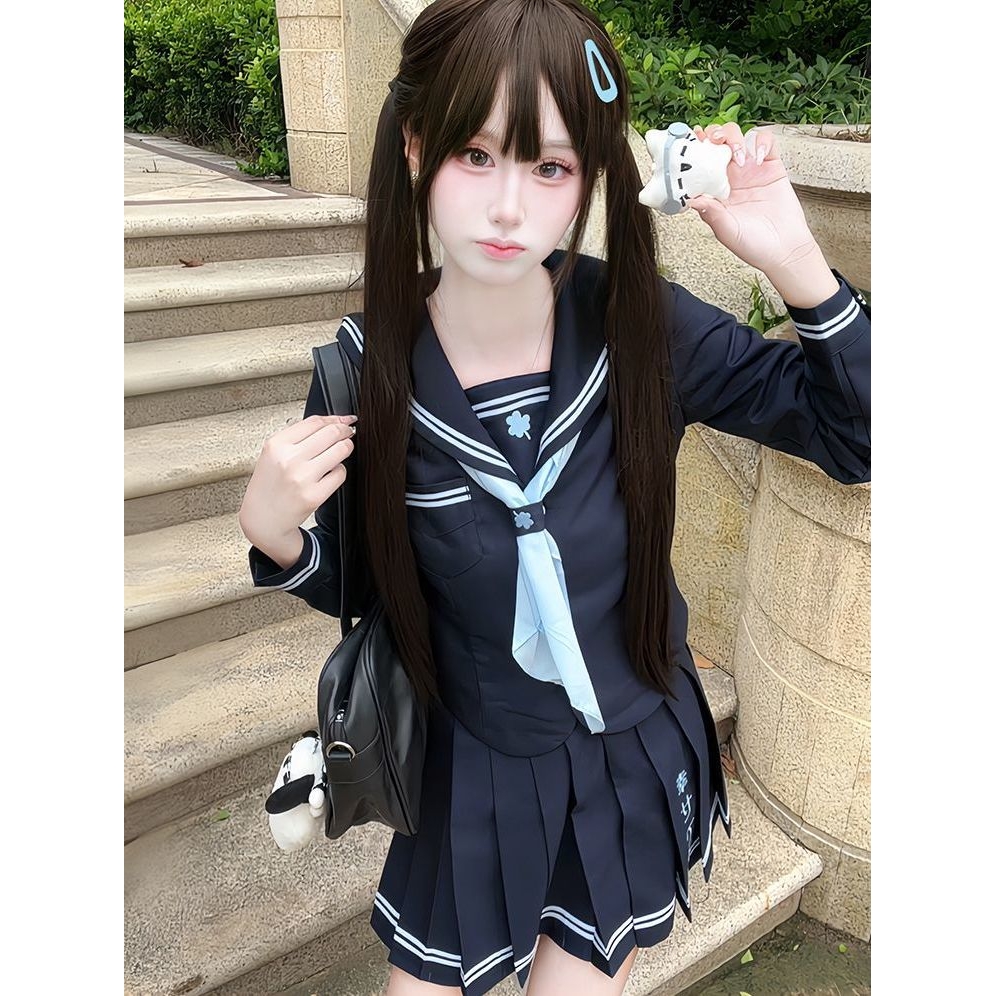 【叁叶町】三叶草刺绣JK水手服正版原创收腰学院风绀色百褶裙套装 - 图2