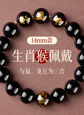 黑曜石三合生肖手串男女款本命年招财转运珠手链14mm天然水晶饰品