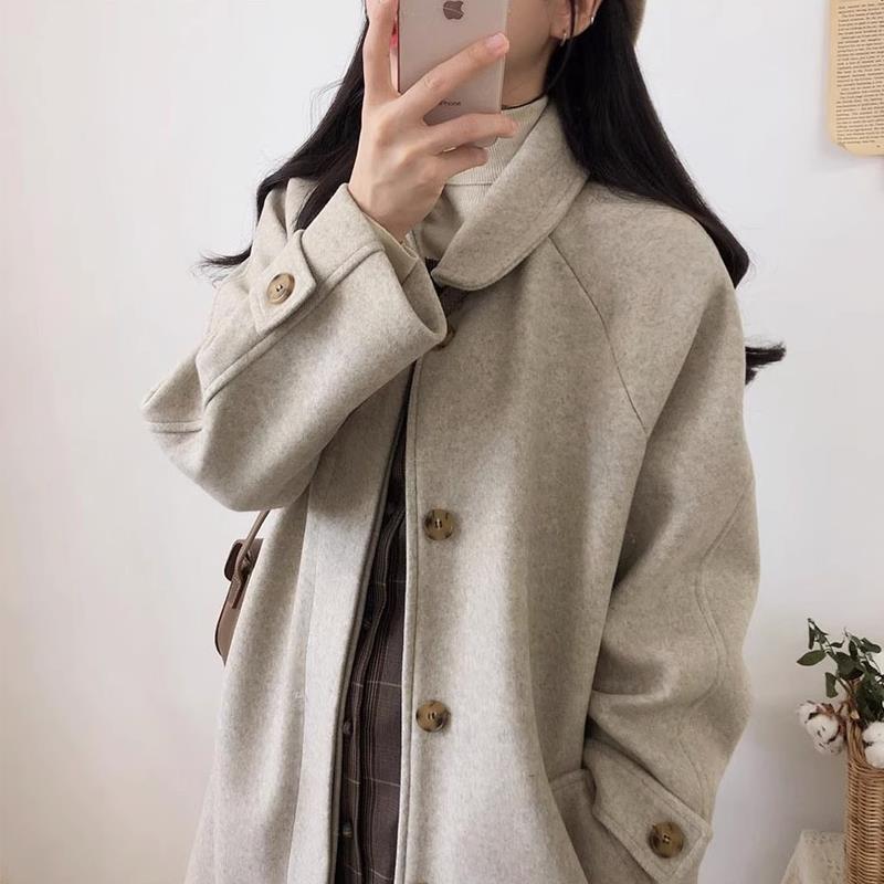 燕麦色呢子大衣女小个子2024新款秋冬季中长款气质毛呢外套羽绒服 - 图0