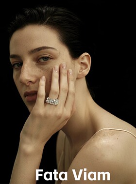 FataViam新款925银宽版珍珠锆石小众高级感轻奢开口食指戒指女