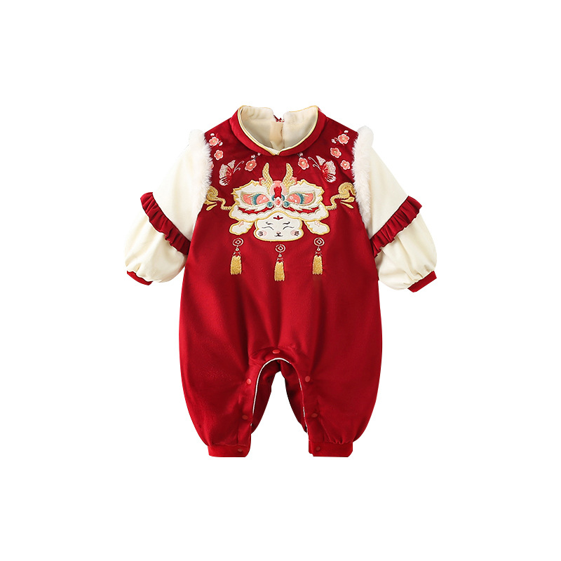 婴儿拜年服冬装女宝宝连体衣满月中国风周岁礼服过年新年喜庆汉服 - 图3