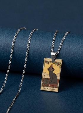 可定制 TAROT塔罗牌韦特大阿尔卡纳 复古油画猫咪不锈钢项链吊坠