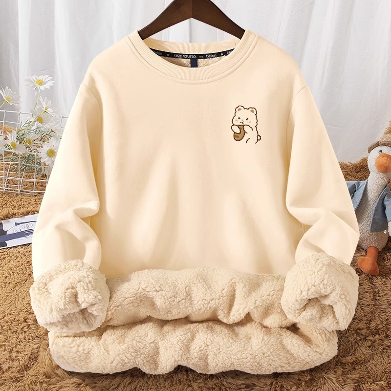 羊羔绒圆领卫衣女秋冬季女装新款加绒加厚小个子冬款上衣厚外套潮 - 图0