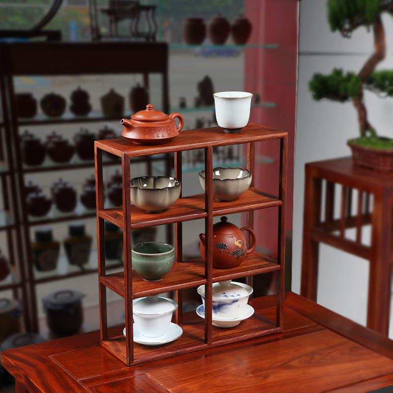 茶杯格子架桌面博古架实木茶壶茶具架子花梨木置物架小摆件展示架 - 图1