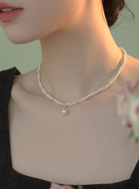 法式复古施家珍珠项链轻奢小众双层锁骨链贝珠项圈