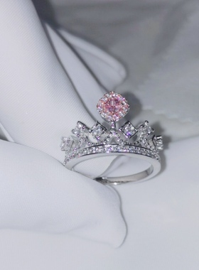 镀18k彩金粉色高碳女ins钻石戒指