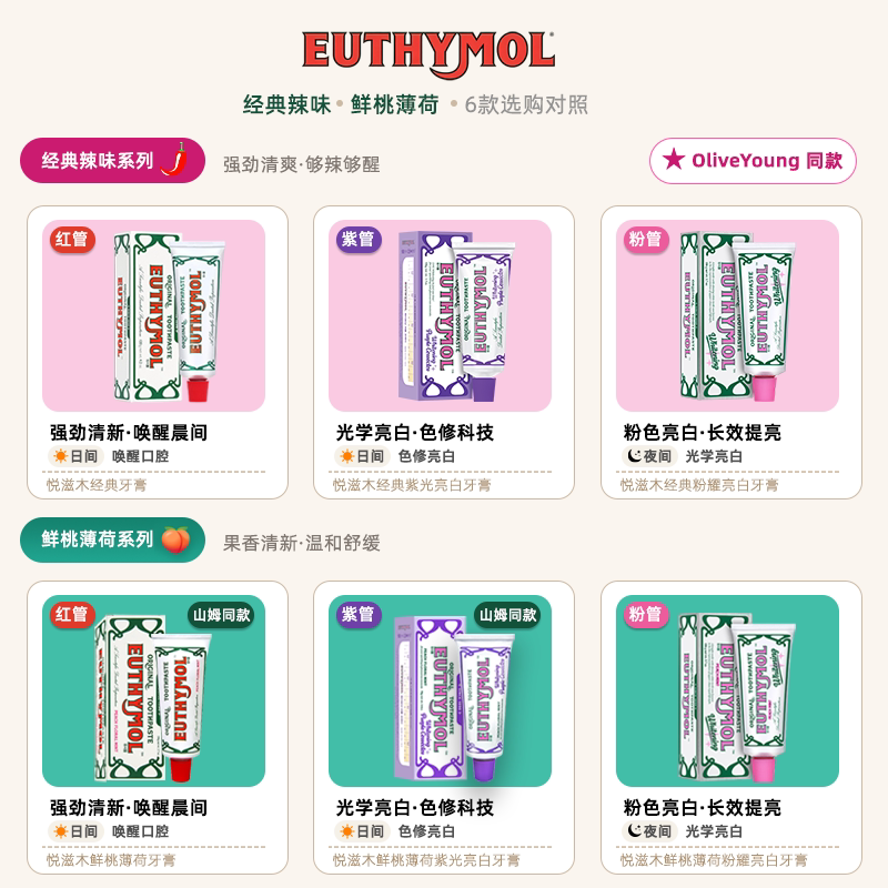 EUTHYMOL/悦滋木亮白牙膏早紫晚粉 清新口气呵护牙龈祛黄护理106g