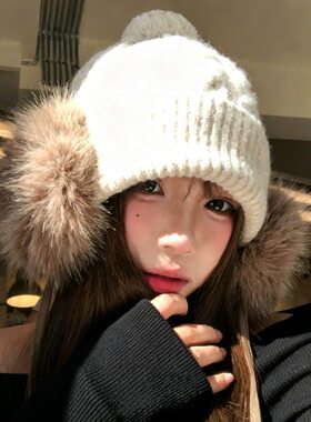 复古毛绒护耳毛线帽子