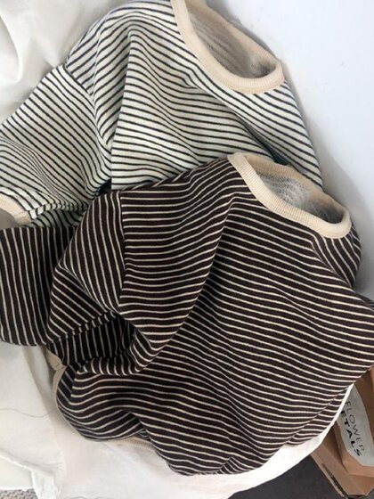 Korean children's clothing artistic style striped sweatshirt spring and autumn new male and female baby loose round neck children's t-shirt super good-looking