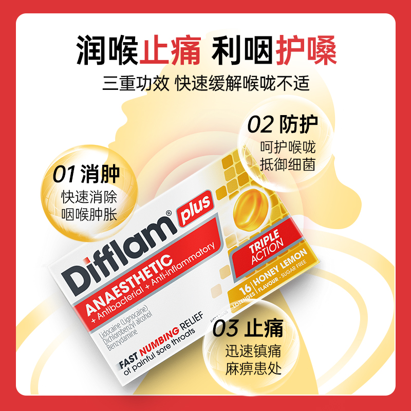 【自营】Difflam蜂蜜柠檬无糖润喉糖咽喉咙炎疼痛肿护嗓加强16粒