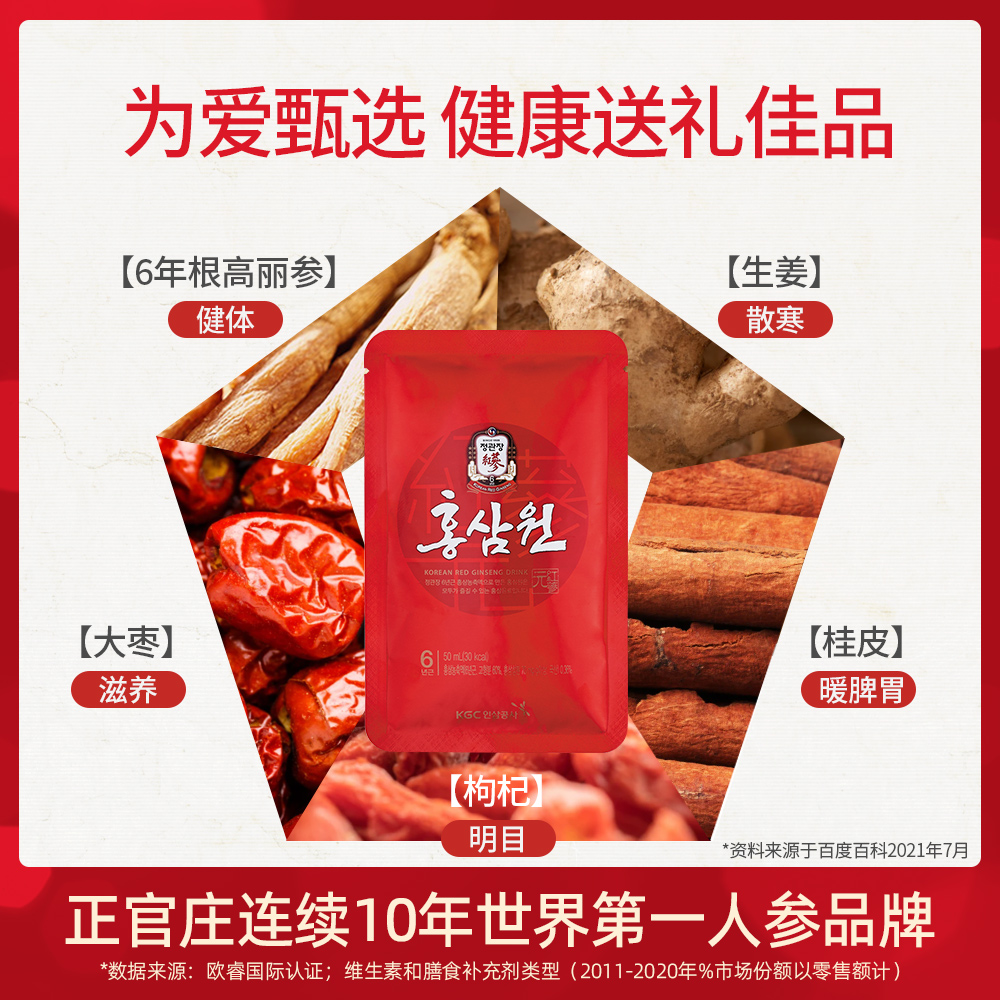 天猫国际进口超市韩国正官庄6年根高丽参液红参元液滋补品50ml*60包*2盒 送礼人参1