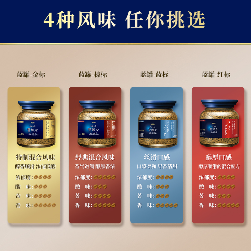 【自营】日本agf咖啡蓝棕蓝金黑咖啡速溶咖啡无蔗糖冻干咖啡粉80g
