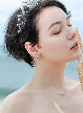 【自营】HEFANG Jewelry/何方珠宝丝带结锁骨链 飘带耳钉浪漫礼物
