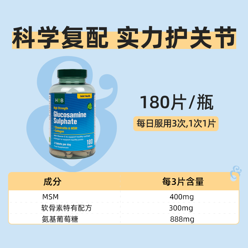 【自营】英国hb荷柏氨糖软骨素氨基葡萄糖180粒中老年补钙护关节 - 图0