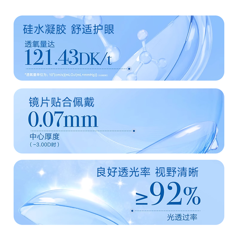 【自营】海昌 优氧系列透明隐形眼镜硅水凝胶月抛3片装高透氧舒适