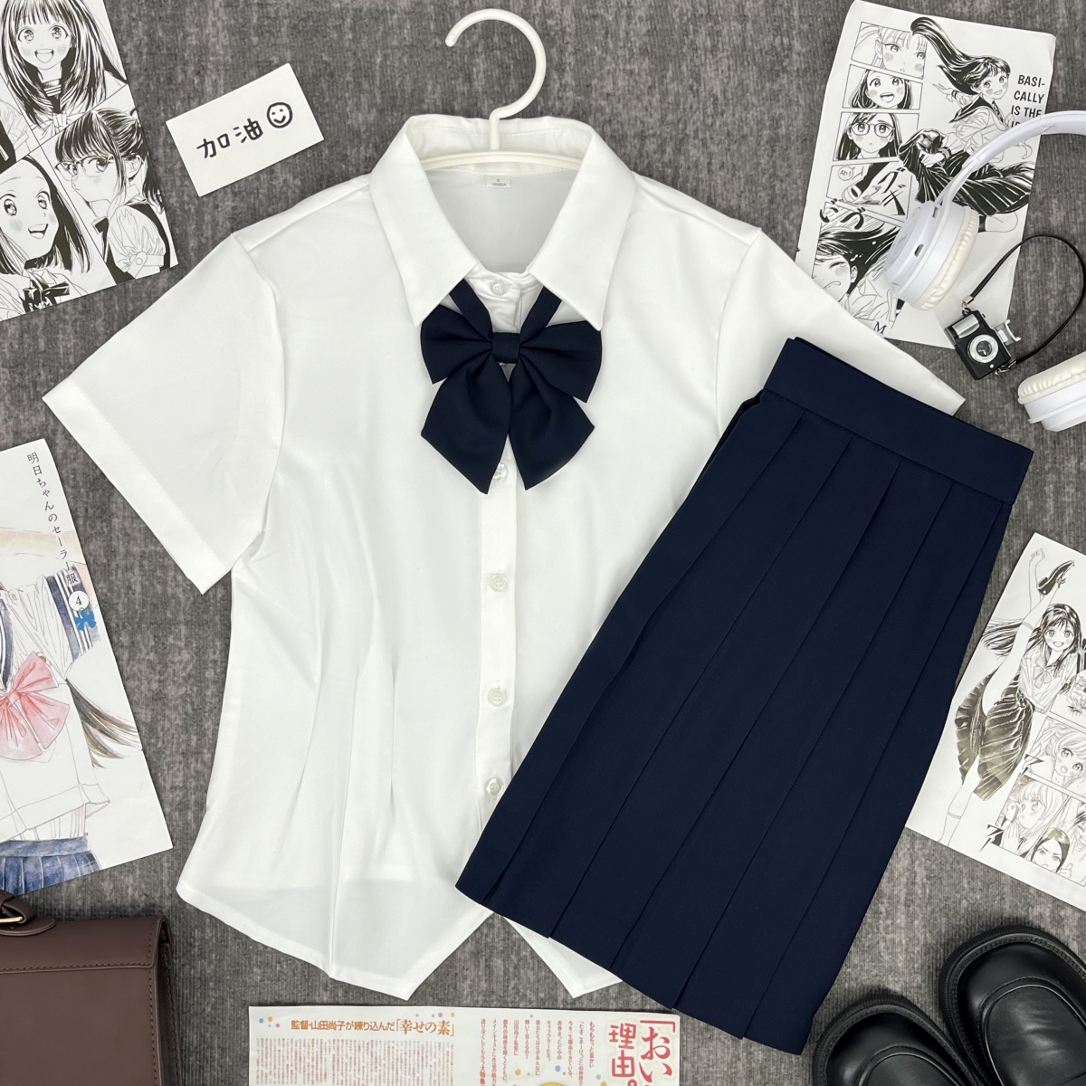 樱奈家尖领收腰显瘦白衬衫日系纯欲风JK制服单排扣女衬衣短裙套装 - 图0